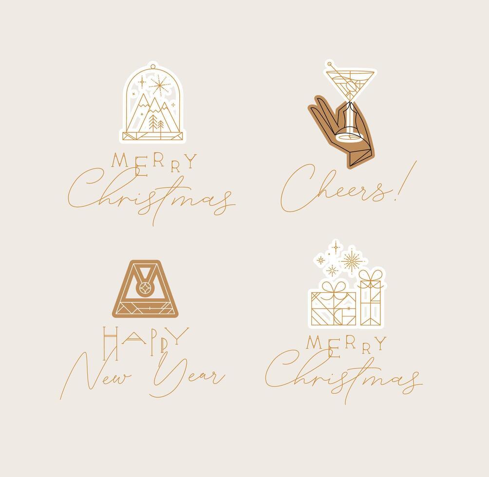 Christmas and Happy New Year art deco labels with lettering drawing in modern vintage line style on beige background vector