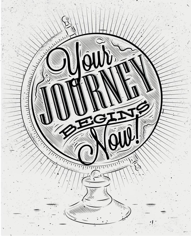 Tourist poster with lettering Your journey begins now on the globe in vintage style on old paper vector