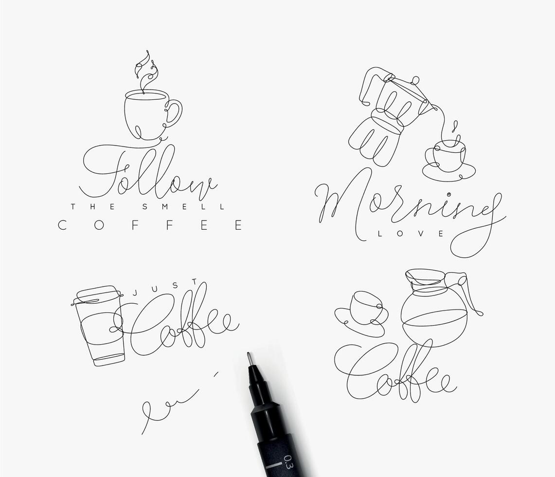 Coffee signs lines with lettering in pen hand drawing style on white background vector