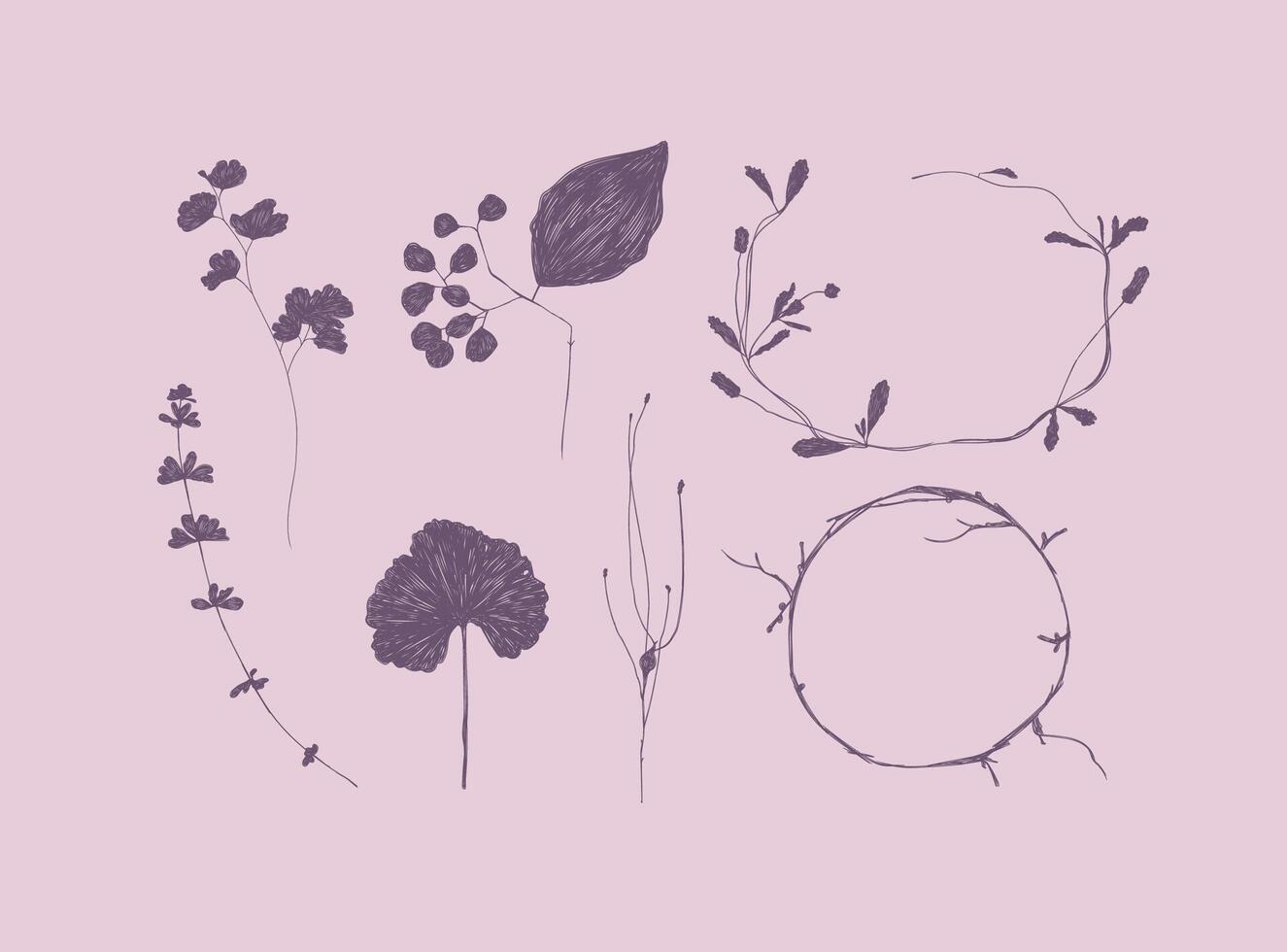 Leaves and branches silhouettes set drawing on violet background vector