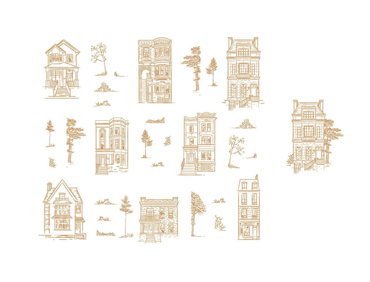 Set of houses and garden trees drawing in old fashioned vintage style. Mix your own composition. vector