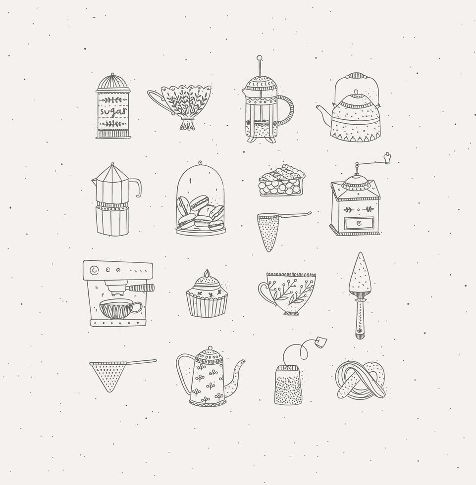 Set of kitchen equipment icon drawing in handmade graphic primitive casual style on grey background. vector