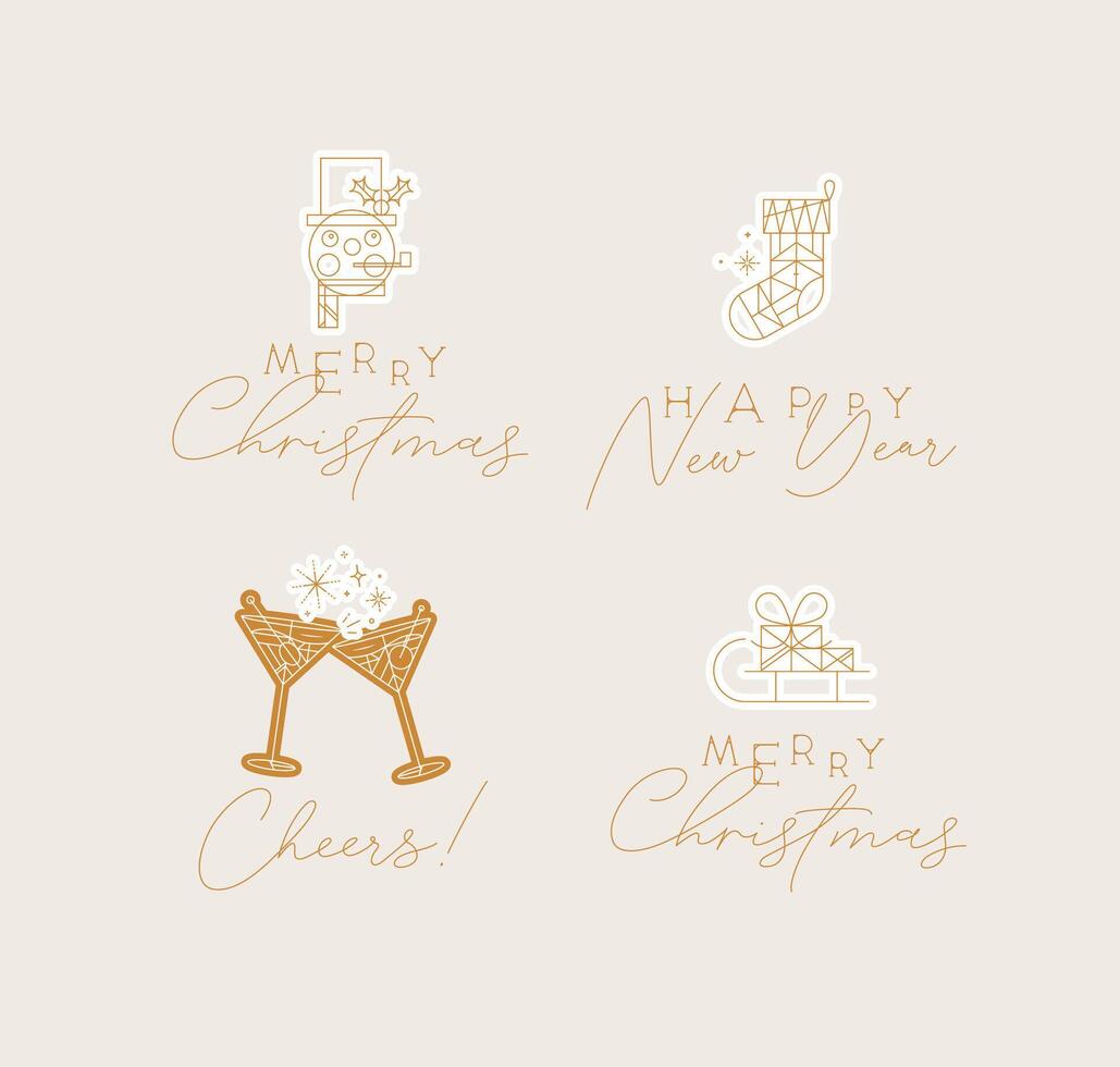 Set of Christmas and Happy New Year art deco labels with lettering drawing in modern vintage line style on beige background vector
