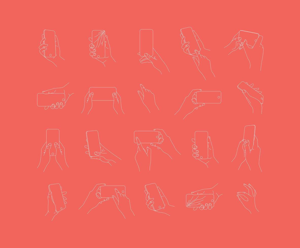 Set of hand phone in different positions and navigation drawing with thin lines on coral background. vector
