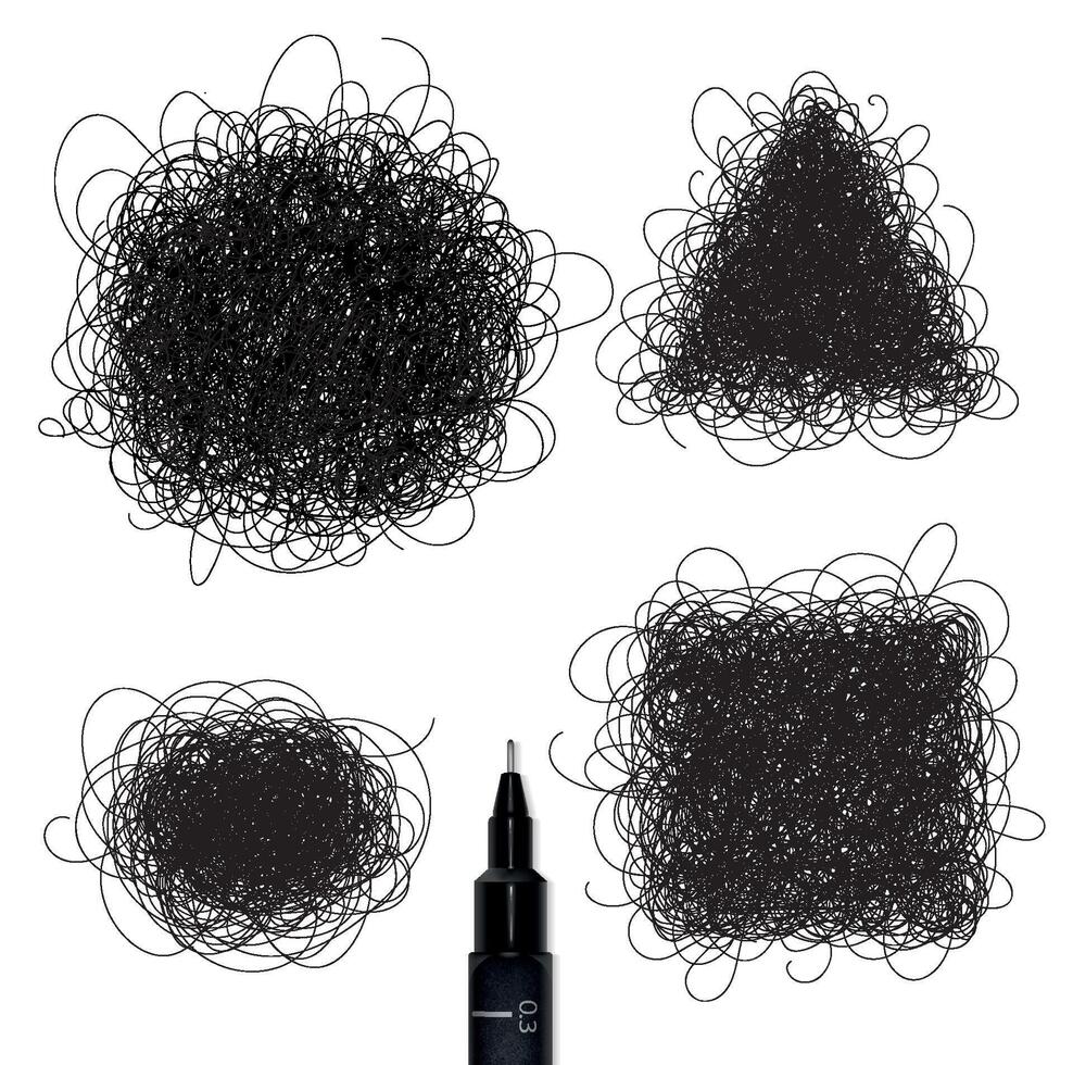 Pen drawing tangle elements circle square oval triangle with differents inscriptions drawing on paper background vector