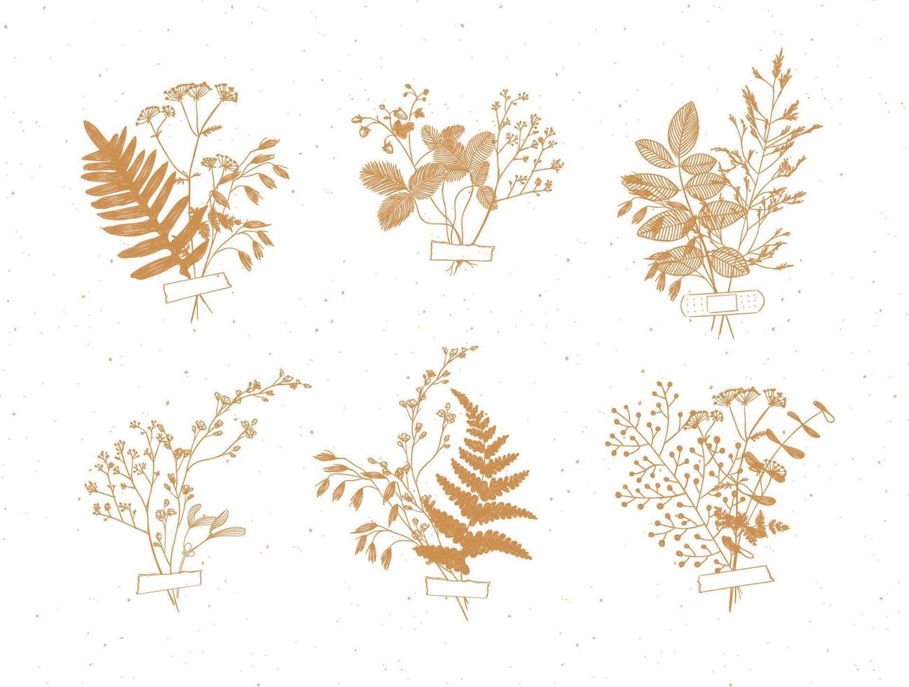 Branches and leaves are collected into a bouquet with sticker drawing in beige color on white background vector