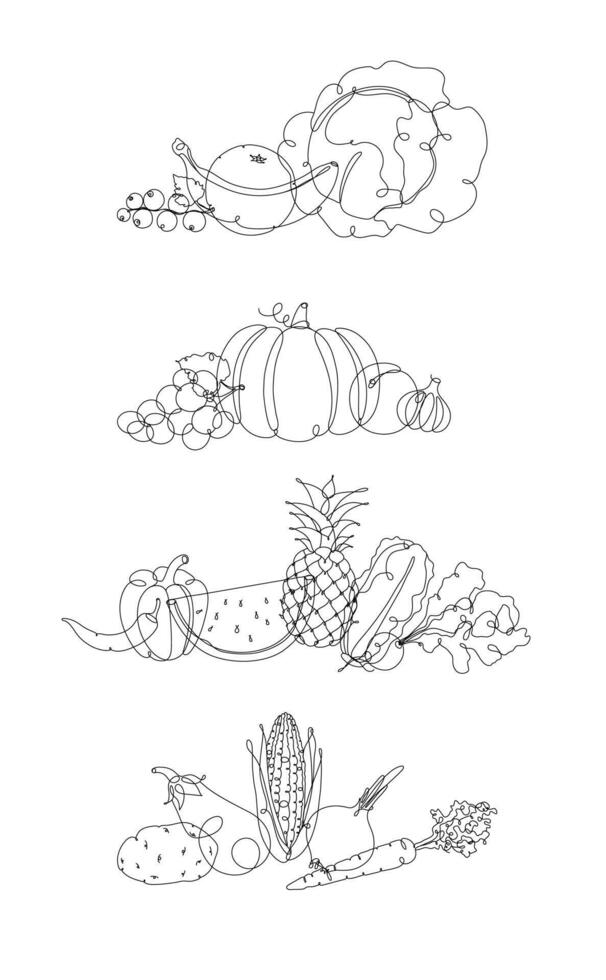 Fruits and vegetables mix illustration in pen hand drawing lines style on white background vector