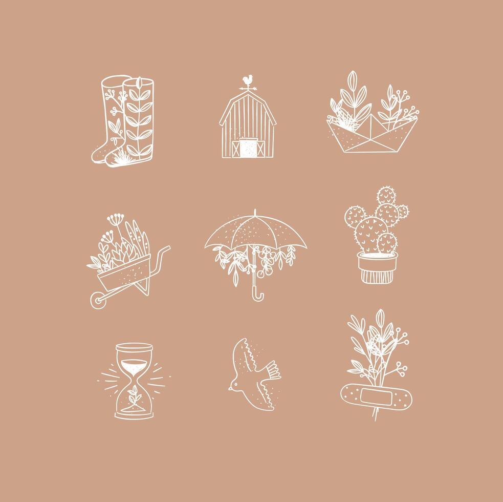 Set of floral garden icons in hand made line style boots, barn, origami, garden cart, umbrella, cactus, hourglass, bird, plaster drawing on peach background vector