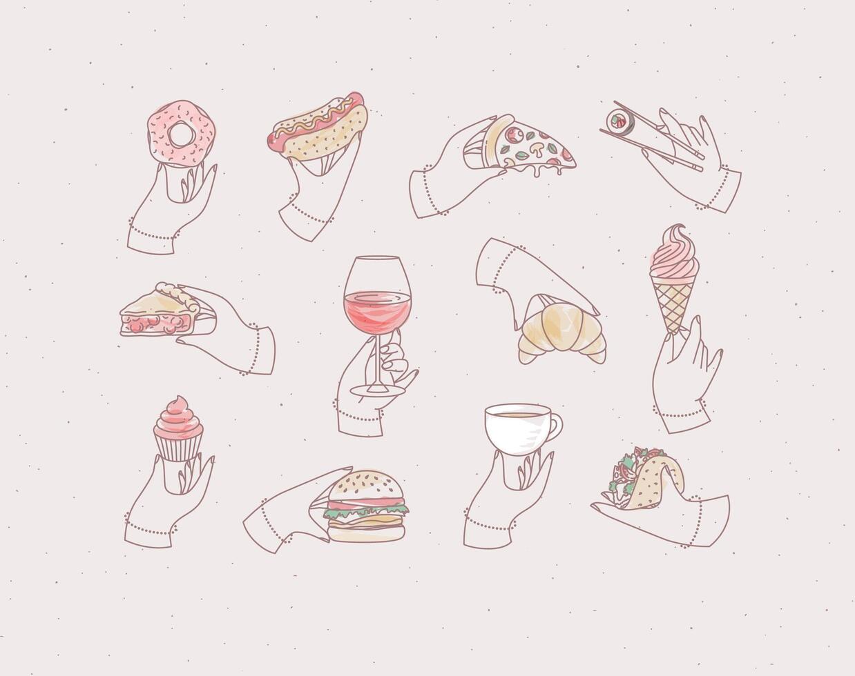 Set of renaissance hands holding donut, hot dog, pizza, sushi, pie, glass of wine, croissant, ice cream, cupcake, burger, coffee, taco drawing with color on light pink background vector