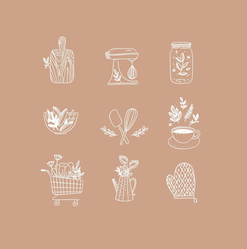 Set of floral kitchen icons in hand made line style cutting board, mixer, jar with lid, salad bowl, dough whisk, coffee cup, grocery cart, water jug for plants, oven mitts drawing on peach background vector