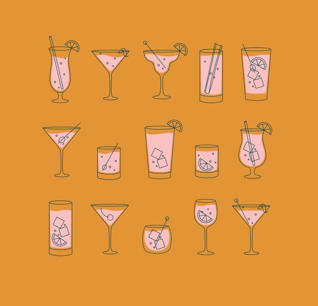Alcohol drinks and cocktails icon set in flat line style on orange background. vector