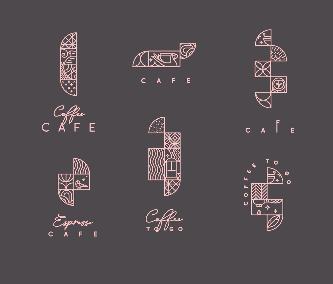 Set of creative modern art deco coffee elements in flat line style drawing on brown background. vector