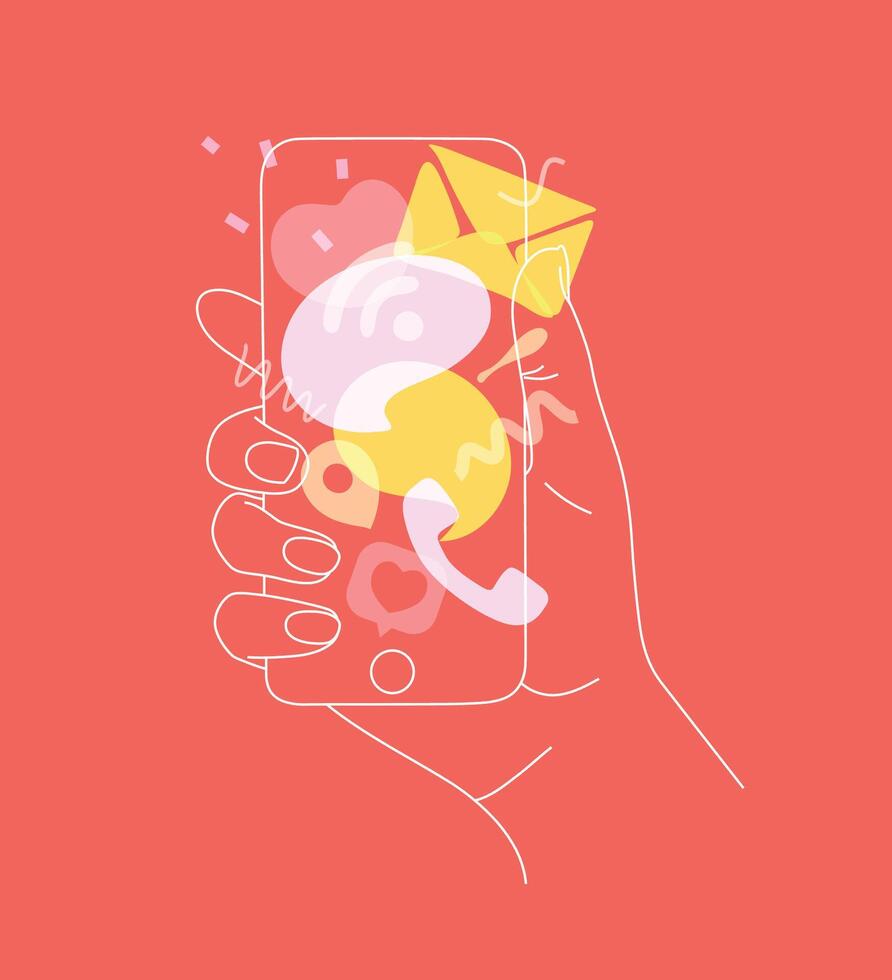 Phone in hand with colorful multitasking symbols drawing thin lines on coral background vector