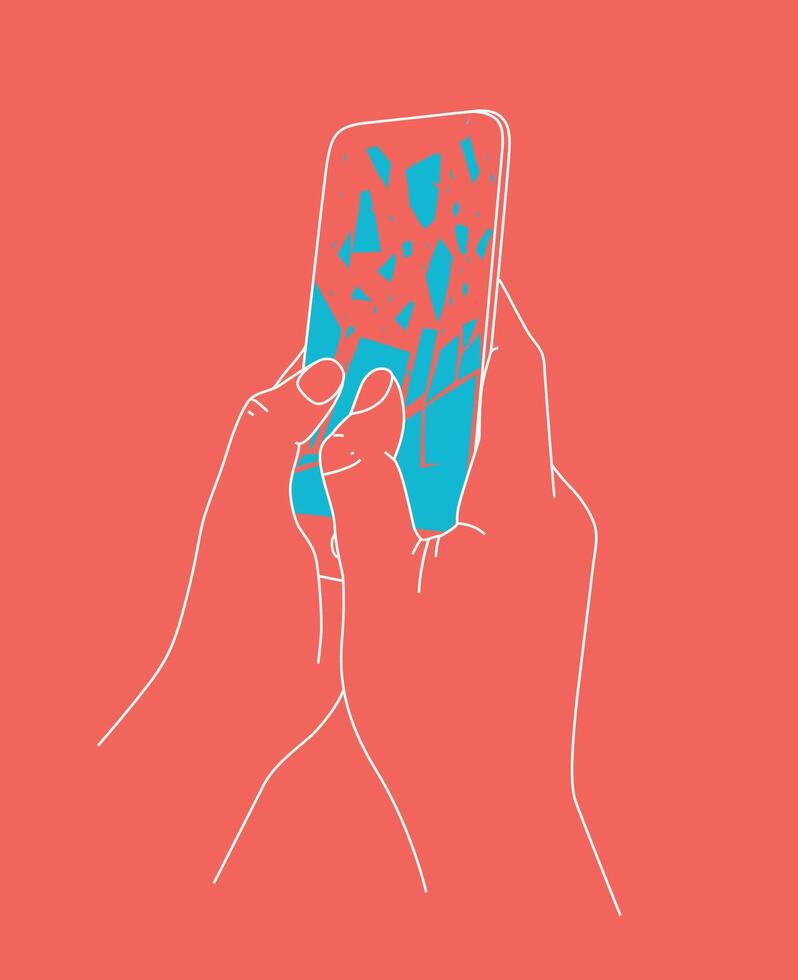 Phone breakdown in hands drawing with thin lines on coral background vector