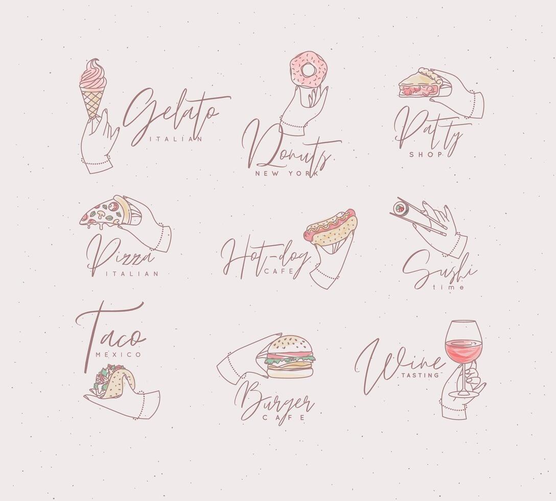 Set of renaissance hands holding donut, hot dog, pizza, sushi, pie, glass of wine, croissant, ice cream, cupcake, burger, coffee, taco with lettering drawing with color on light pink background vector