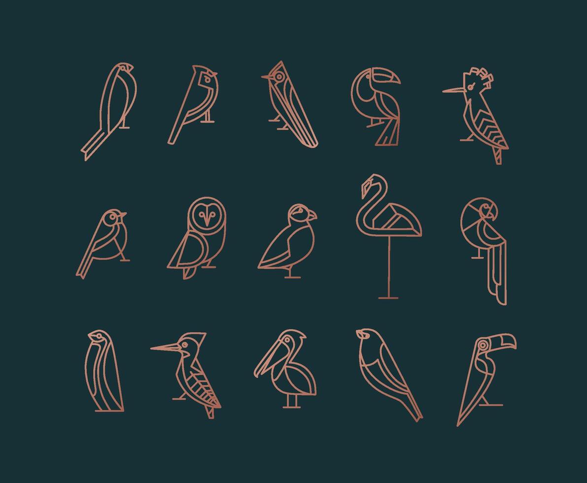 Set of bird icons in vintage art deco flat graphic style drawing on green background vector