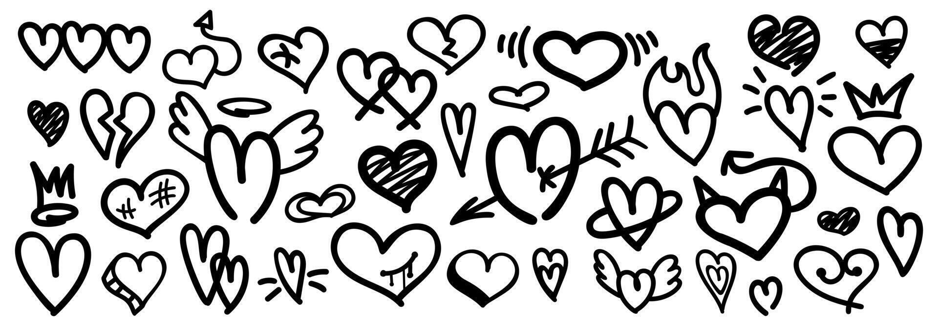 Set of doodle heart shapes. Collection of hand drawn elements, heart icons. Valentine's day love symbols isolated on white background vector