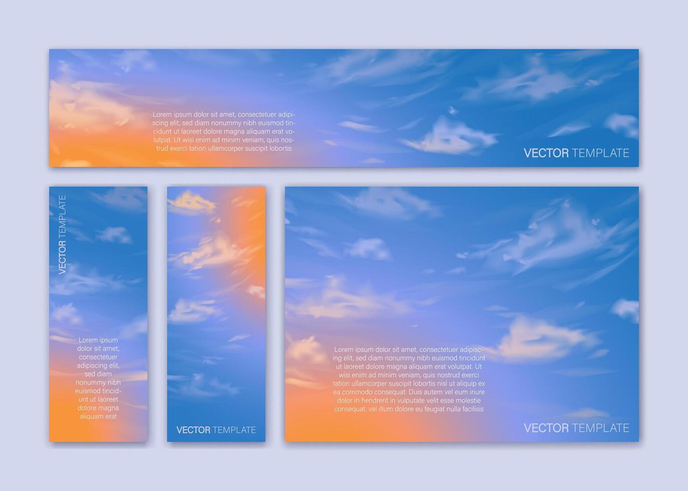 Cover set. Collection of hand drawn cards with gradient sunset sky and realistic clouds. Brochure, flyer templates vector