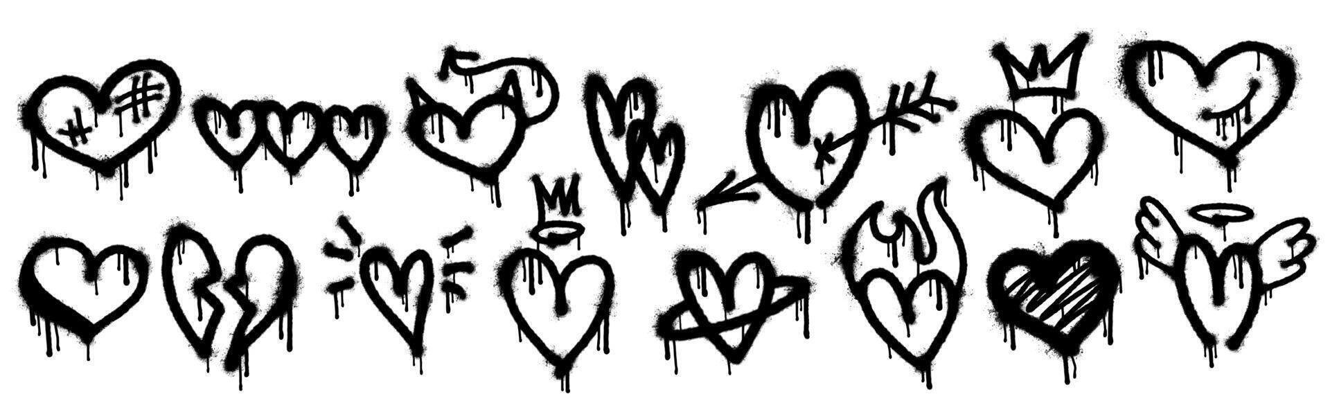 Set of spray painted heart shapes. Collection of hand drawn grunge graffiti elements with ink leaks and stains, heart icons. Valentine's day love symbols isolated on white background vector