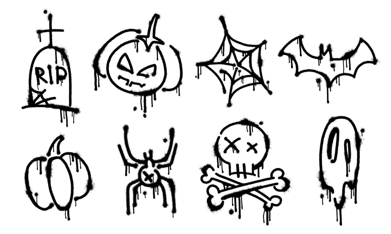 Set of halloween spray painted doodle icons. Collection of hand drawn grunge graffiti elements. Grave, pumpkins, spiderweb, bat, spider, skull, ghost. vector