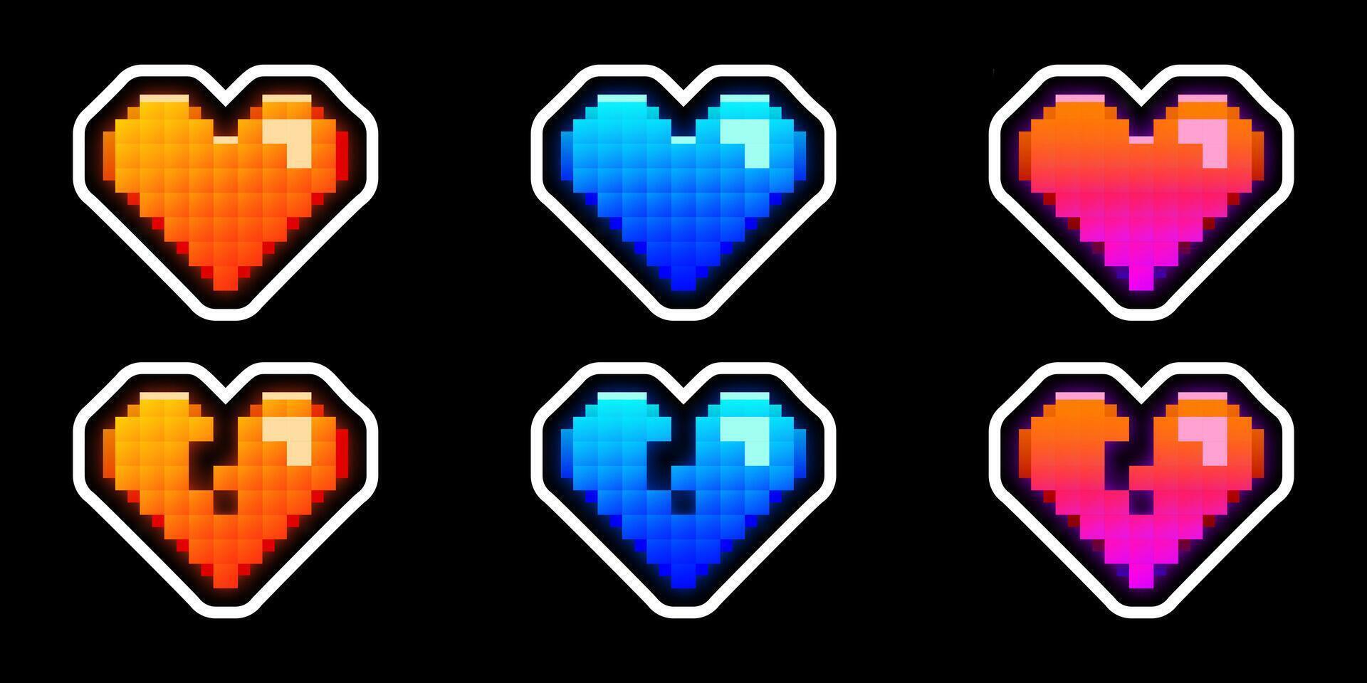 Set of pixelated hearts, orange, blue, pink gradient, 8 bit retro game style icons, stickers vector