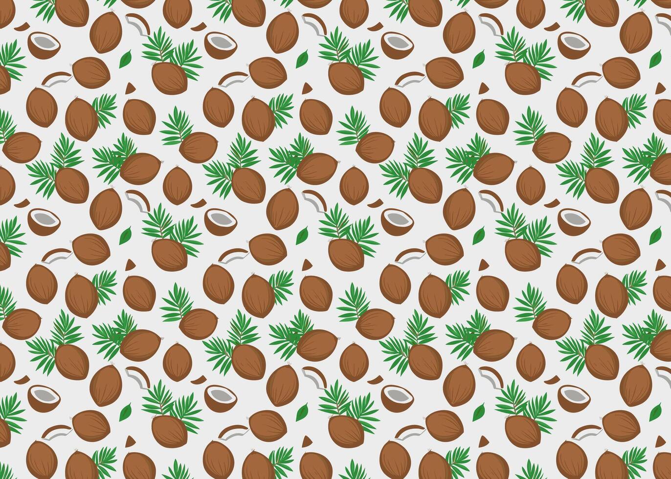 Seamless pattern of hazelnut on a white background. Half open coconut with leaf seamless pattern illustration. vector