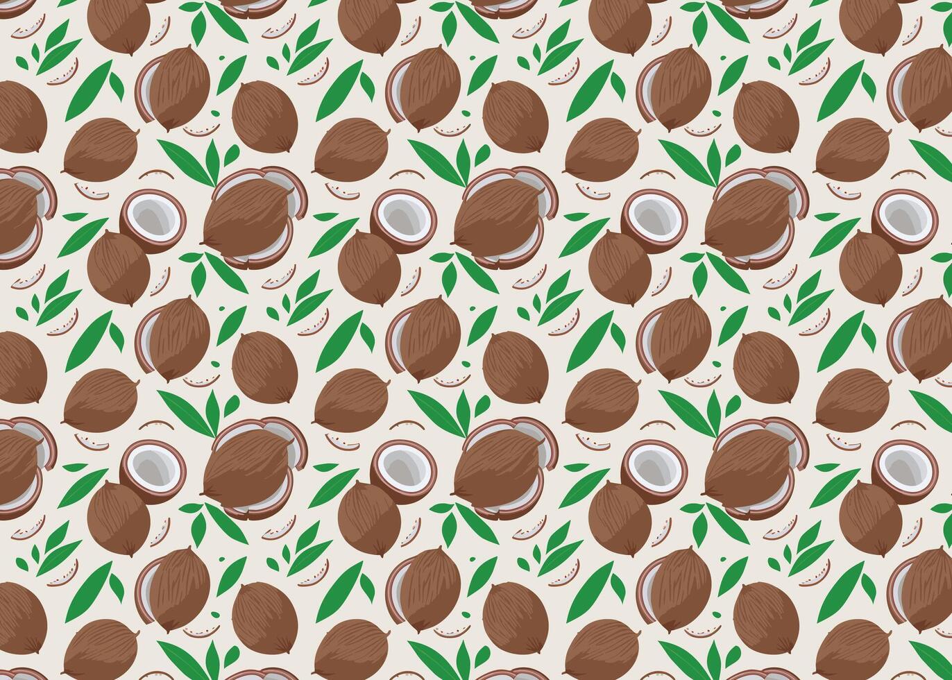 Seamless pattern with macadamia nuts. illustration of half and full coconuts with leaves nature background. vector