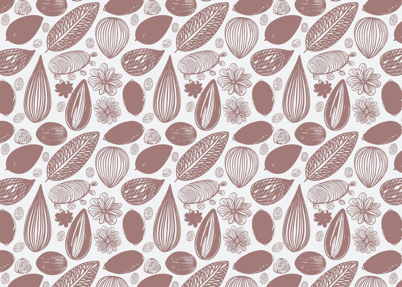 Pattern with almond and flowers. Hand drawn illustration. vector