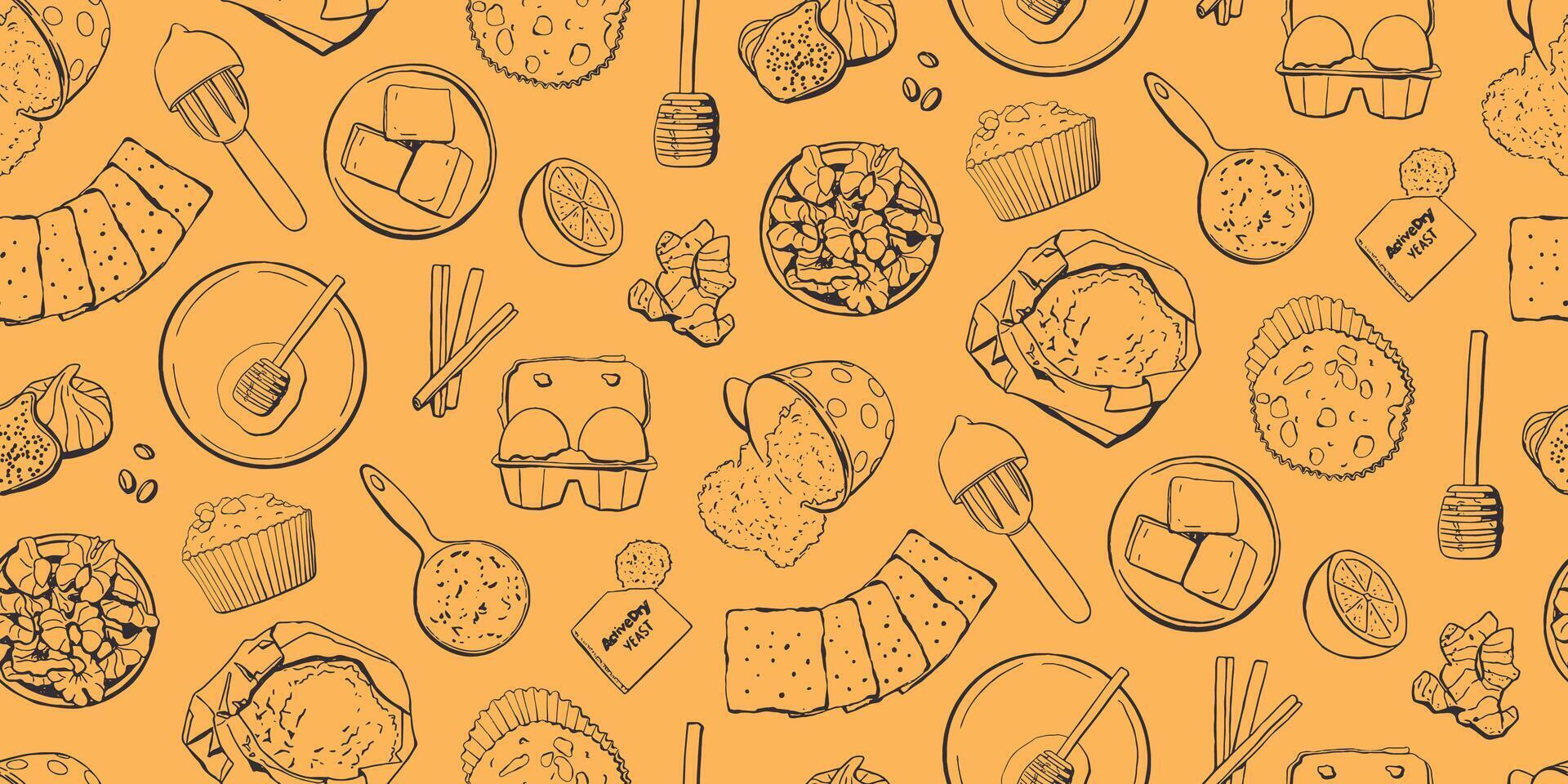 Hand Drawn Outline Cupcake Cooking Seamless Pattern in Vintage Style vector
