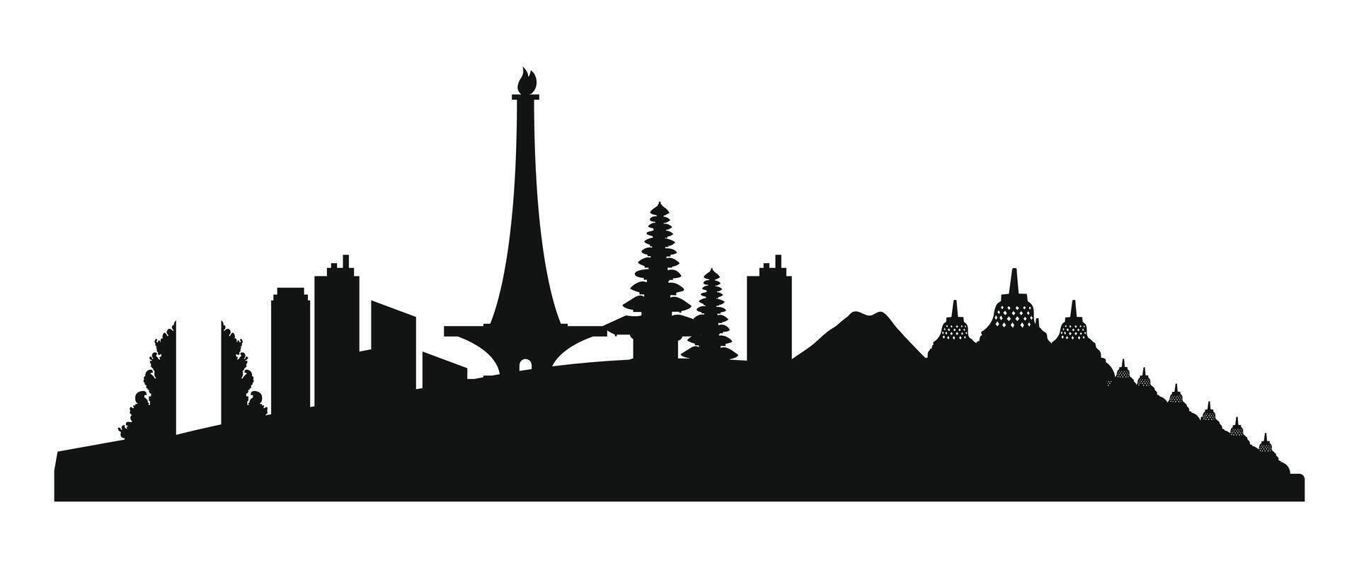 Silhouette of Indonesian City with Buildings, National Monument, and Temple vector