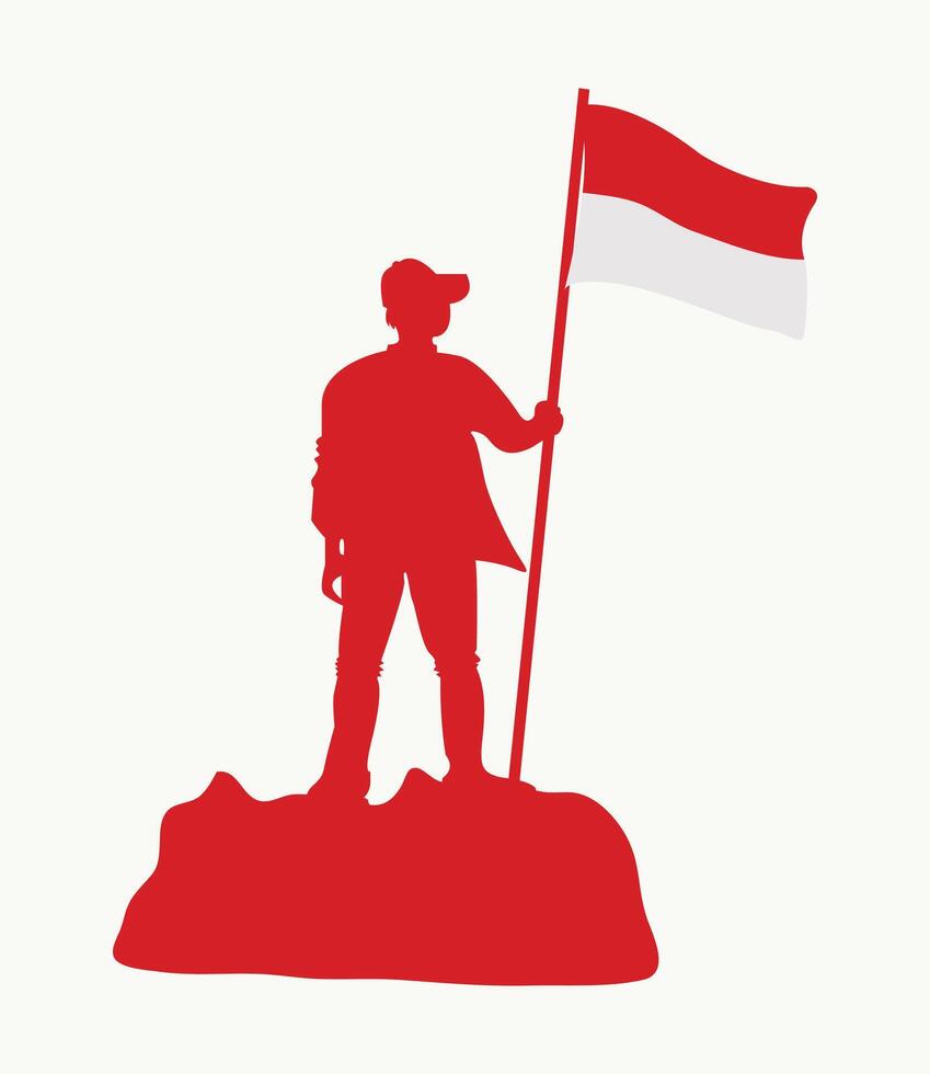 a silhouette of a man holding a indonesian flag. Independence day vector