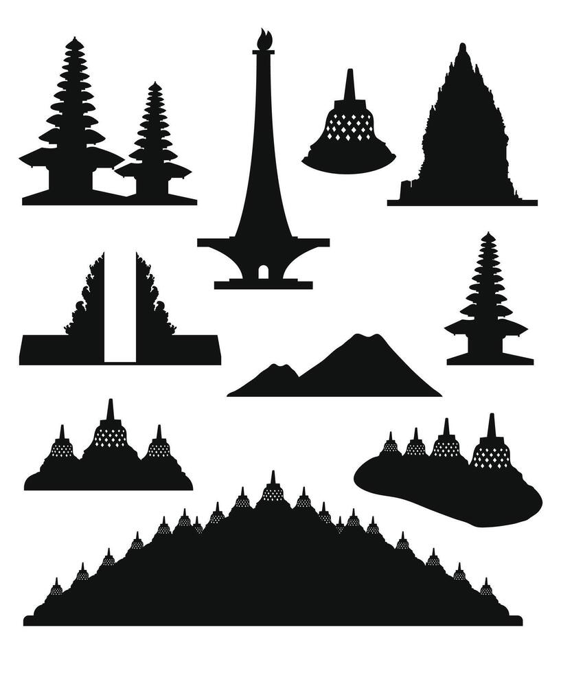 Silhouette Collection of Iconic Indonesian Monuments and Temples vector