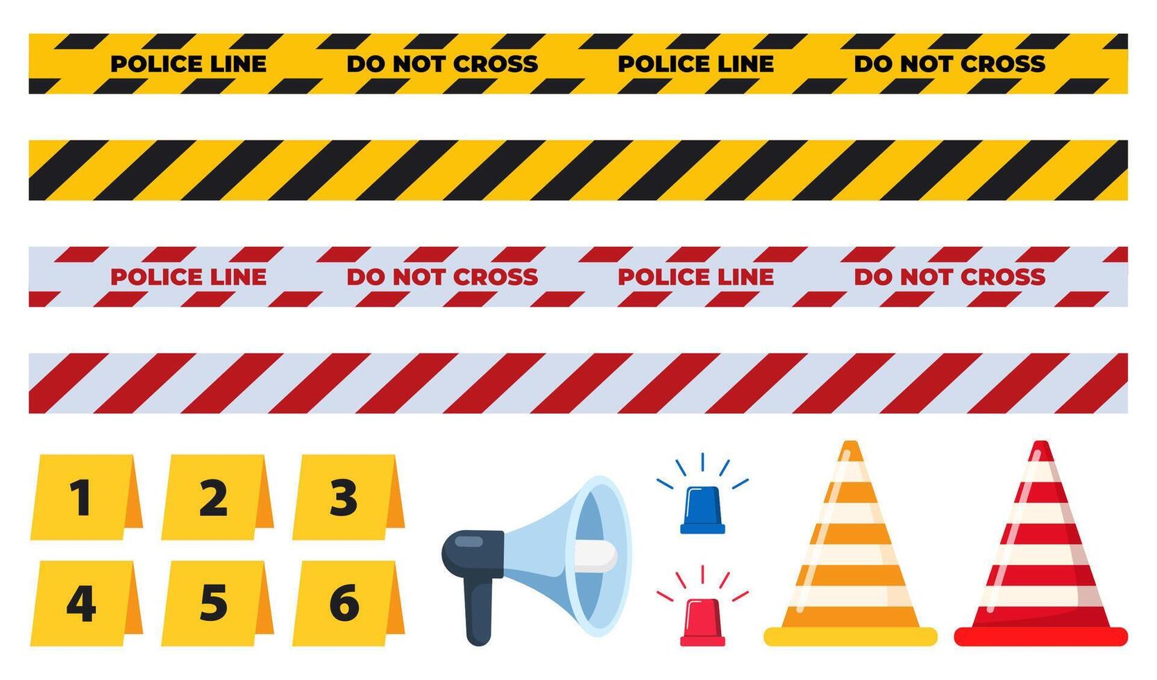 Crime scene icon set. Police detective equipment. Criminology Police Crime Investigation Scene elements. Police tape, marks, megaphone, flashing lights. . vector