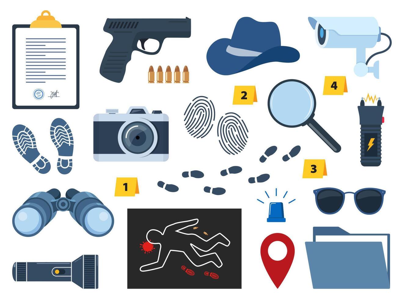Murder investigation icon set. Police detective equipment. Investigation tools. Crime symbols. Criminology Police Crime Investigation Scene elements. vector