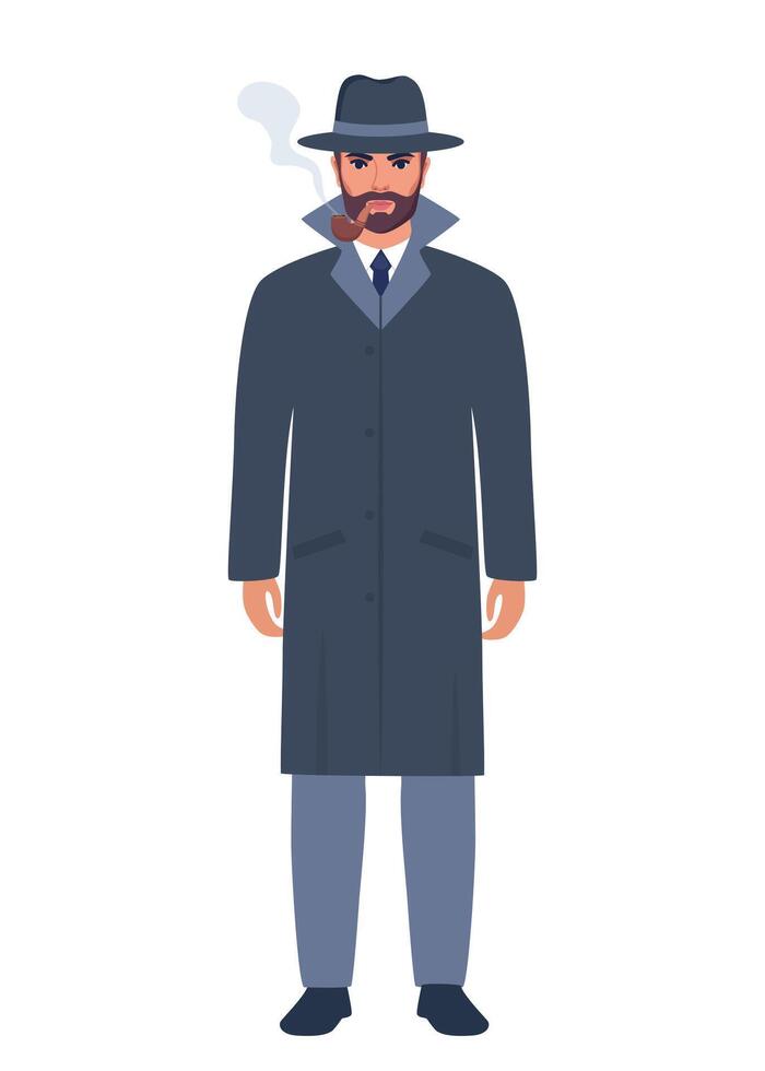 Private detective in gray hat and coat. Handsome man character with smoking pipe. illustration isolated on white background. vector