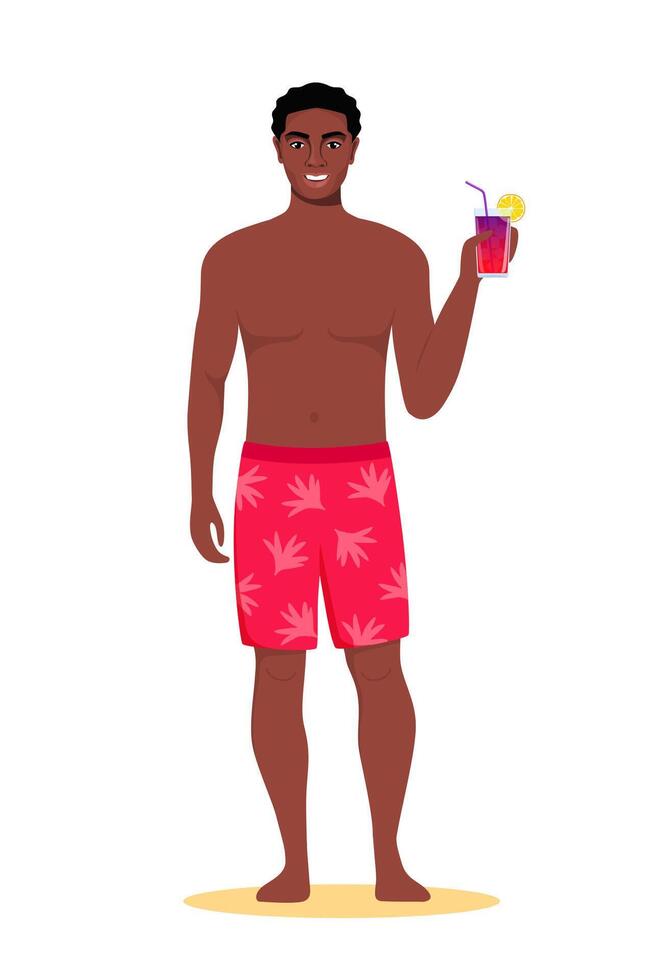 Black man in shorts standing on the beach with cocktail in his hand and smiling. Summer vacations. Beautiful guy in swimming trunks. illustration. vector