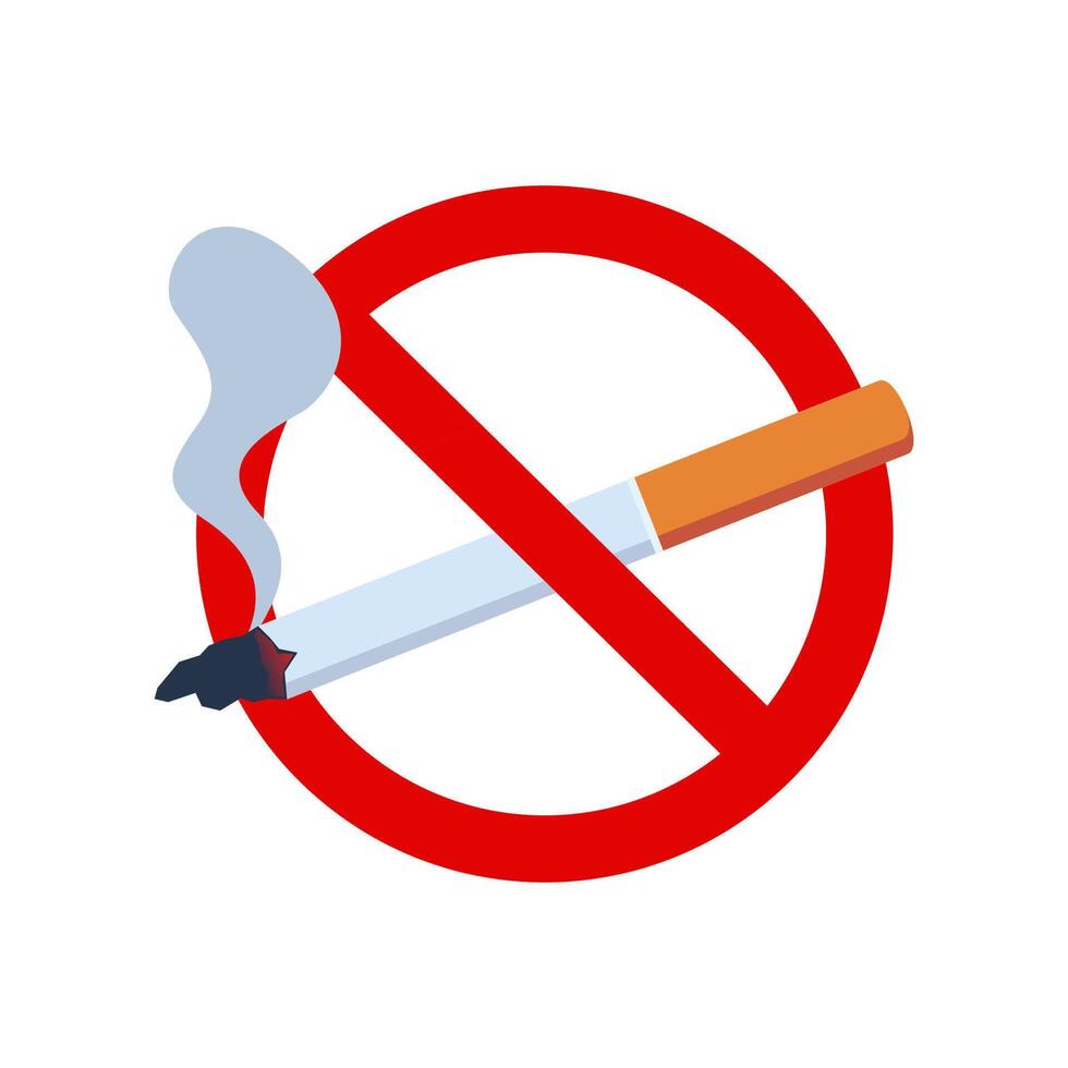 No smoking sign with burning cigarette and smoke prohibition and risk. illustration. vector