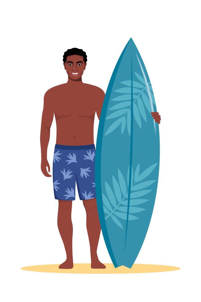 Young black man surfer with surfboard standing on the beach. Smiling surfer guy. illustration. vector
