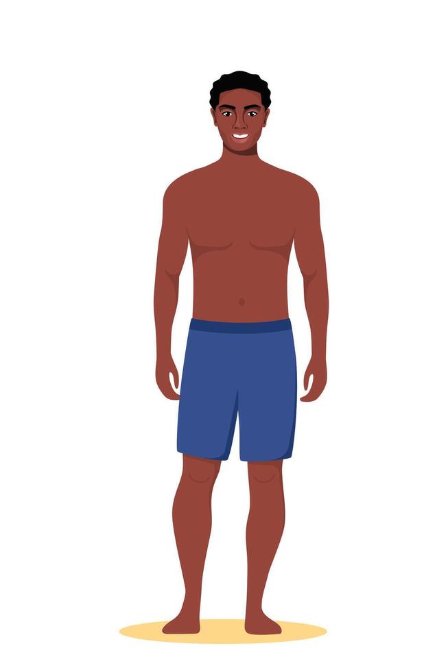 Black man dressed in swimsuit standing on the beach. Summer vacations. Beautiful man in shorts. illustration. vector