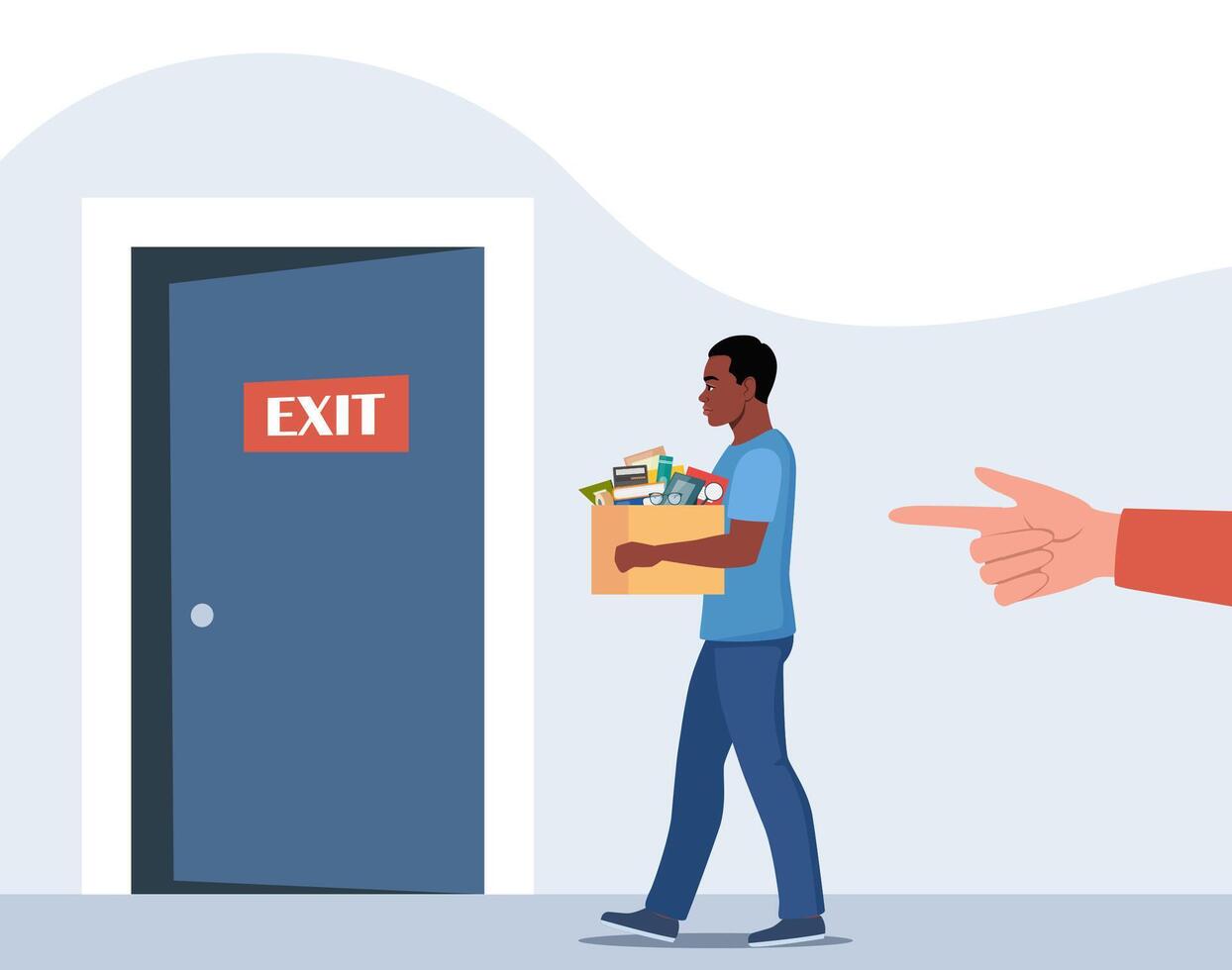 Dismissal, employee replacement. Unhappy black man dismissed from job, leave office with stuff in box. Unemployment dismissal of workers. Layoff, crisis. illustration. vector