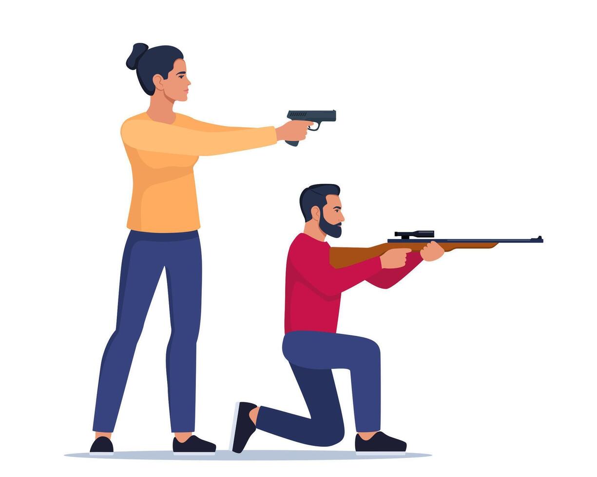 Sport shooting. Aiming woman with pistol and man with rifle. Outdoor hobby, shooting. Shooters defends property. Military outdoor skills. . vector