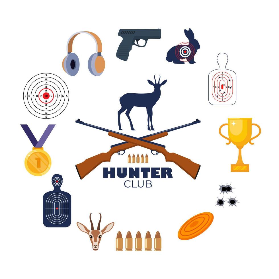 Hunting club emblem logo with crossed rifles. Shooting accessories around. Target, rifle, bullets, headphones, gold cup, medal, shooting clay. . vector