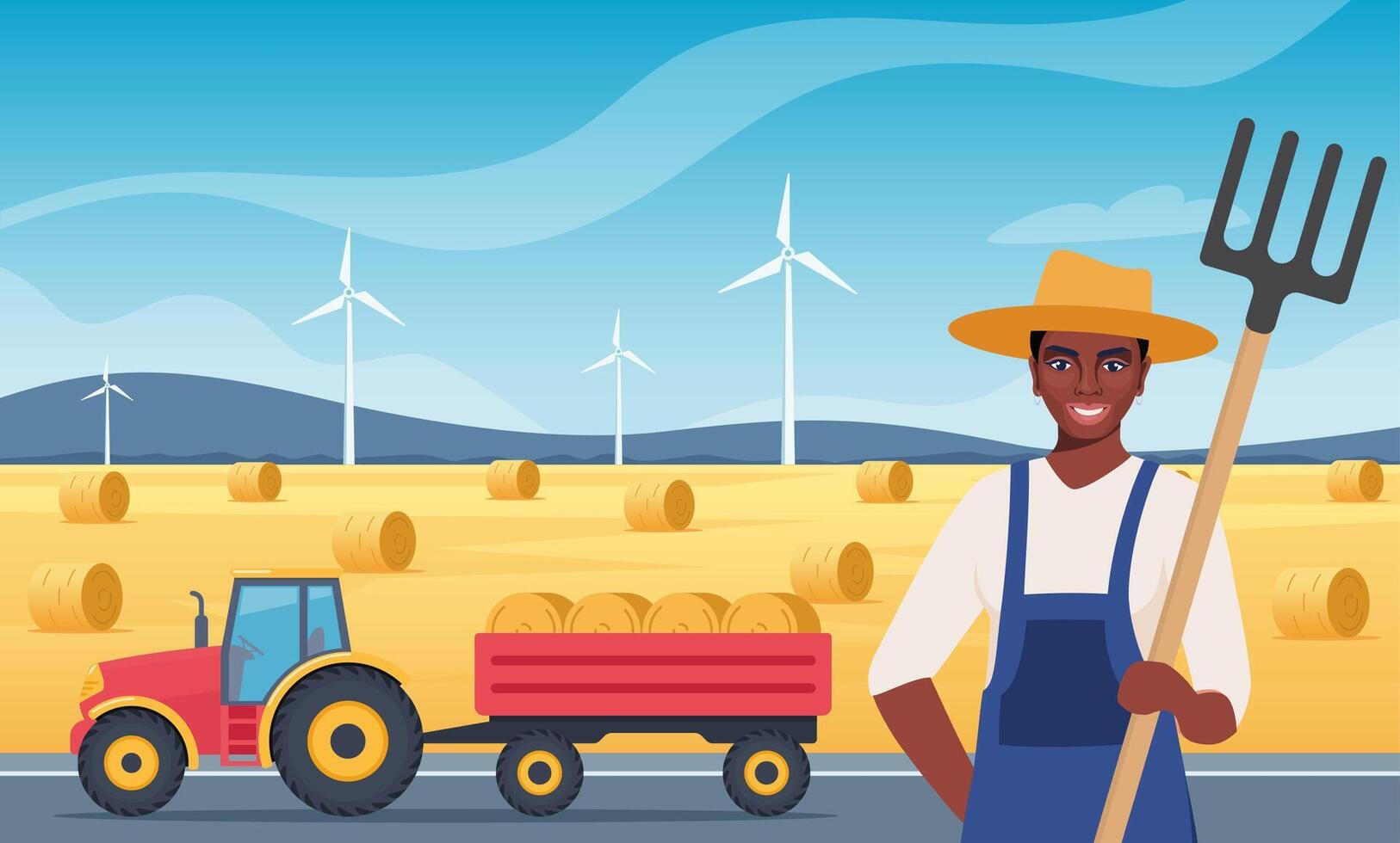 Black woman with pitchfork near haystack. Farmer prepares hay. Tractor with hay bales in cart. Agricultural machinery. Illustration. vector