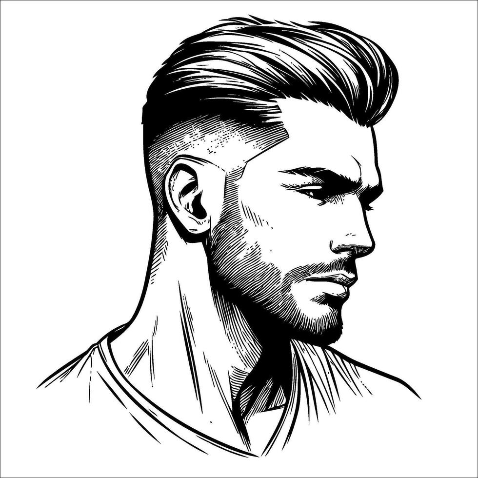 Head of adult man with a beard with stylist hairstyle close up simple minimalist line art vector