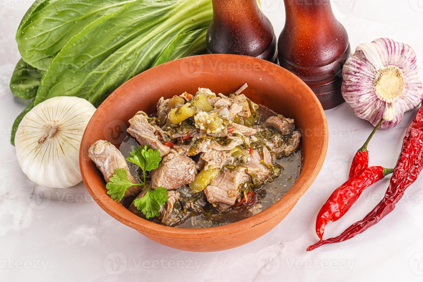 Steamed lamb meat with vegetables photo