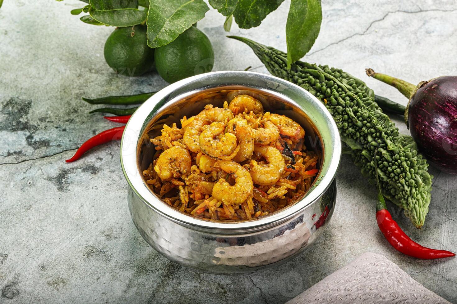 Indian cuisine - briani with prawns photo