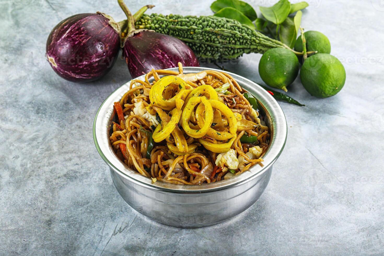 Stir fried noodles with squid photo