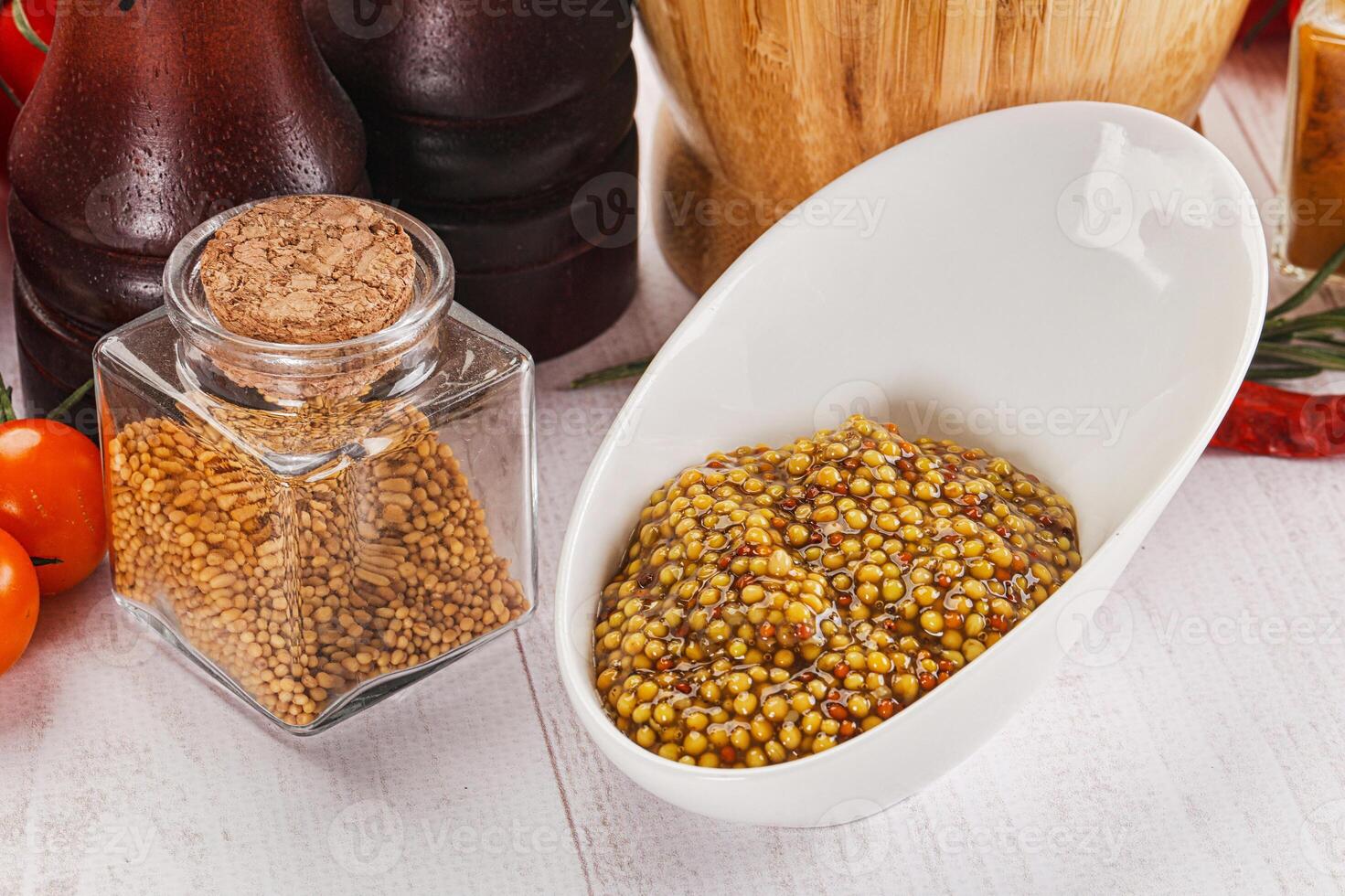 Spicy mustard sauce with seeds photo