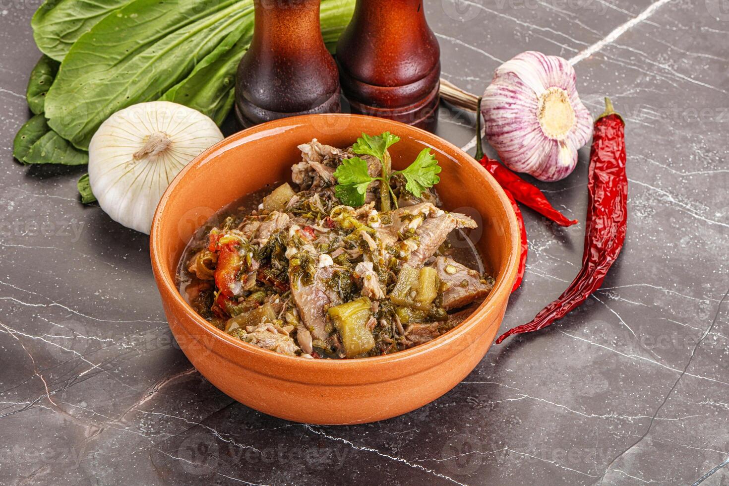Steamed lamb meat with vegetables photo
