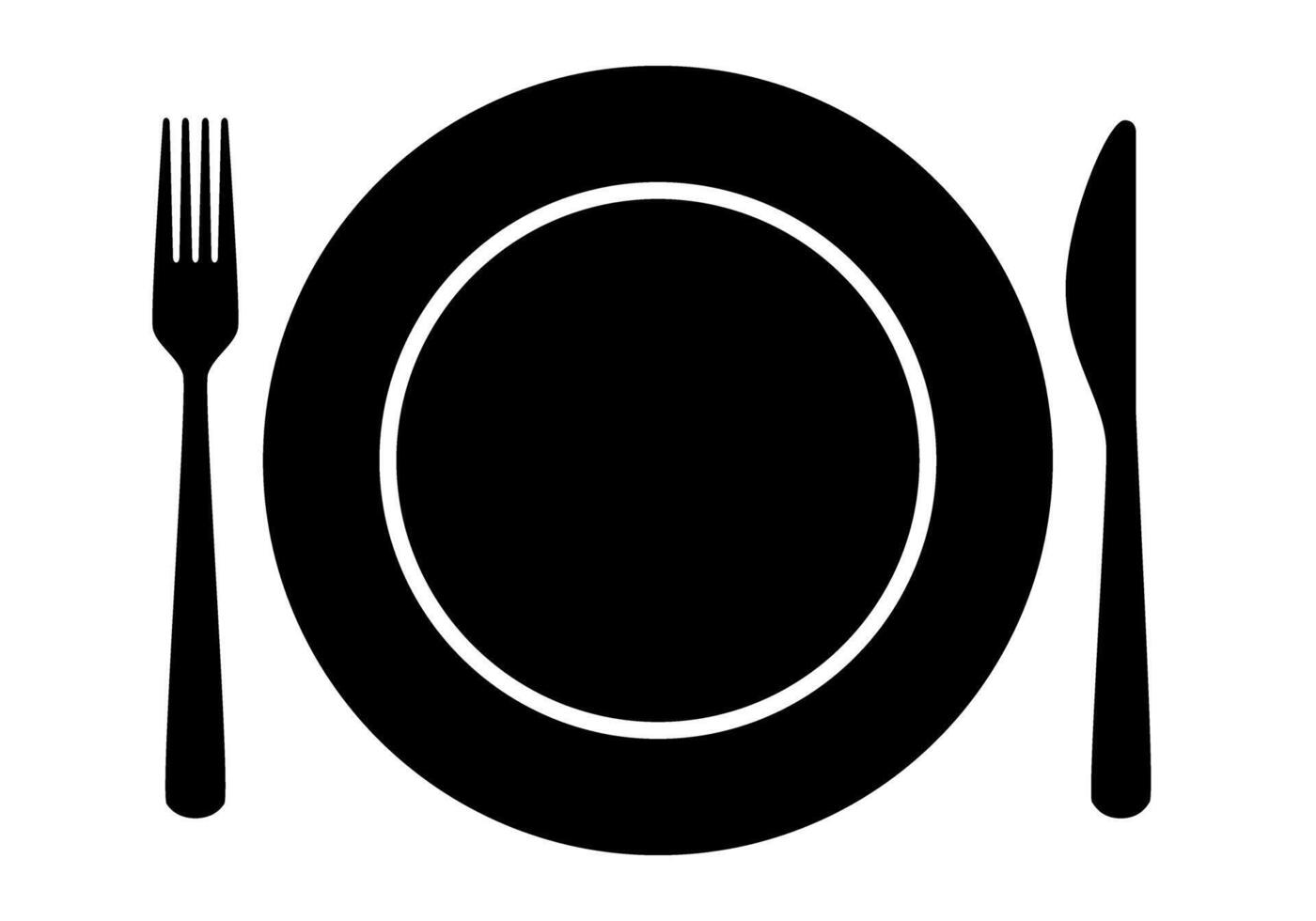 place setting cutlery - fork, knife, and plate silhouette shape, black and white illustration, white background vector